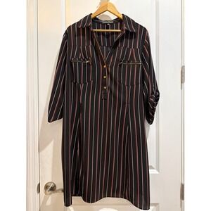 Always Indigo Women 2X Striped Shirt Dress Black Red Gold Zip Roll Tab HD2061